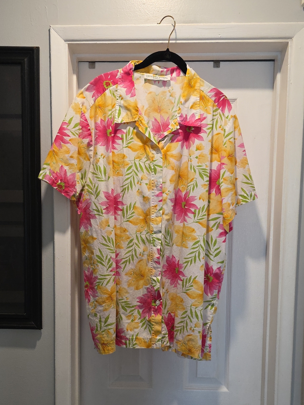 Tropical Floral Button-Up Shirt in Pink & Yellow